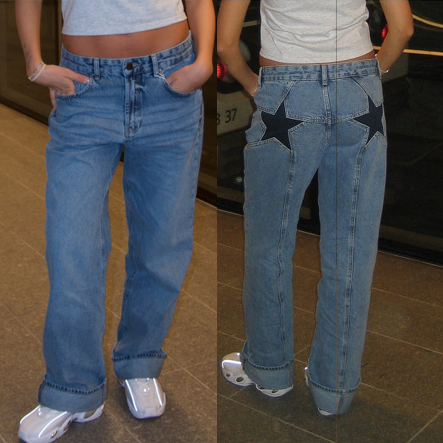 Jean bootcut rétro à patchwork étoilé